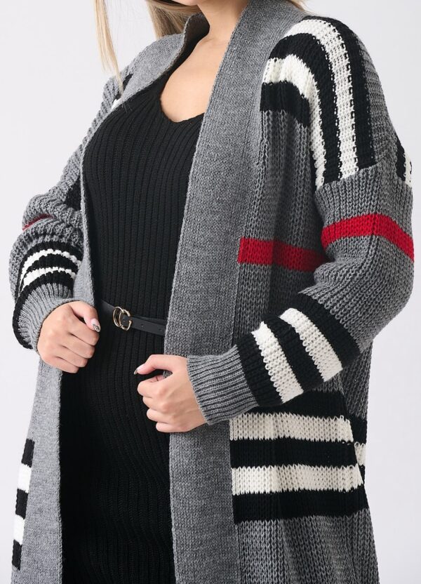 Long Striped Cardigan - Grey