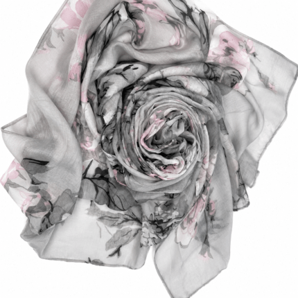 Φουλάρι 180x75 cm Γκρι Floral με Ροζ Λουλούδια