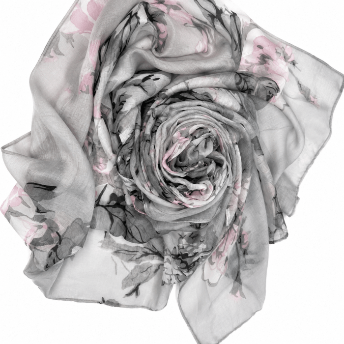 Φουλάρι 180x75 cm Γκρι Floral με Ροζ Λουλούδια