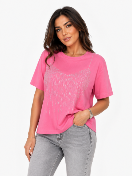 Ροζ T-Shirt με Στρας Γυναικείο