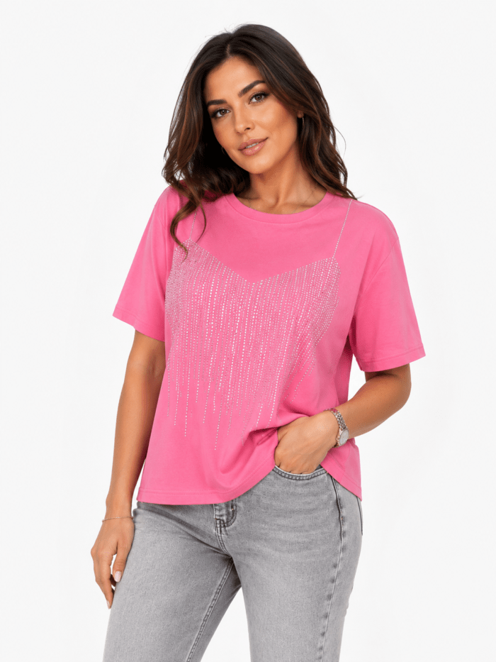 Ροζ T-Shirt με Στρας Γυναικείο