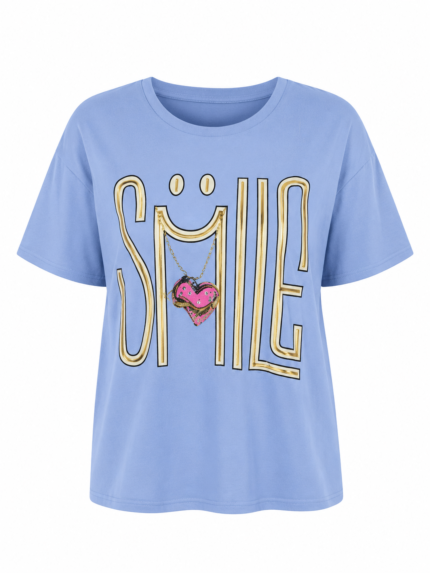 Γυναικείο T-Shirt SMILE με Διακοσμητική Καρδιά – Σιέλ