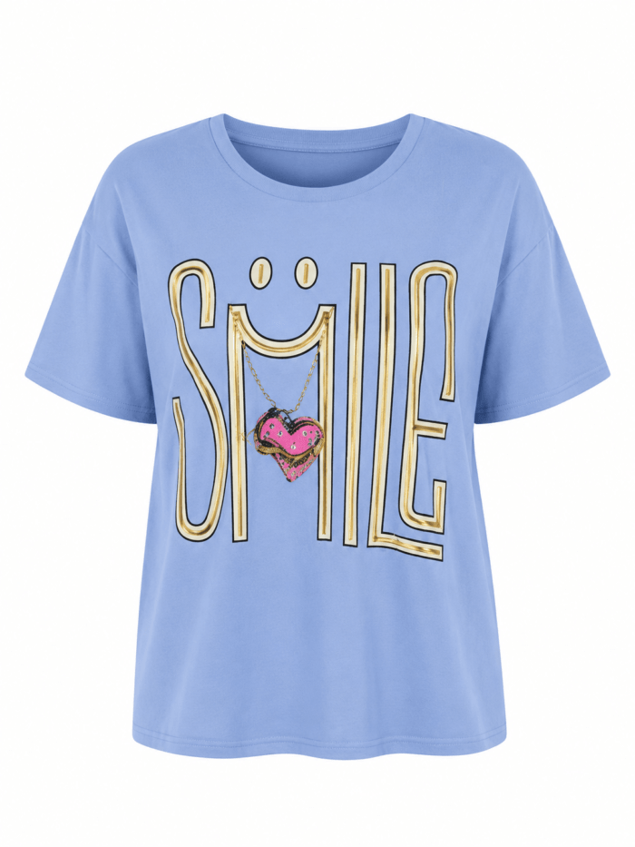 Γυναικείο T-Shirt SMILE με Διακοσμητική Καρδιά – Σιέλ