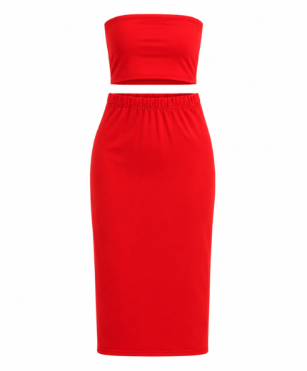 Γυναικείο Σετ Strapless Top & Midi Φούστα με Άνοιγμα στη Μέση