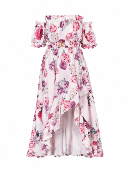 Γυναικείο Floral Maxi Φόρεμα Off Shoulder με Ασύμμετρο Βολάν | Λευκό Ροζ Φλοράλ