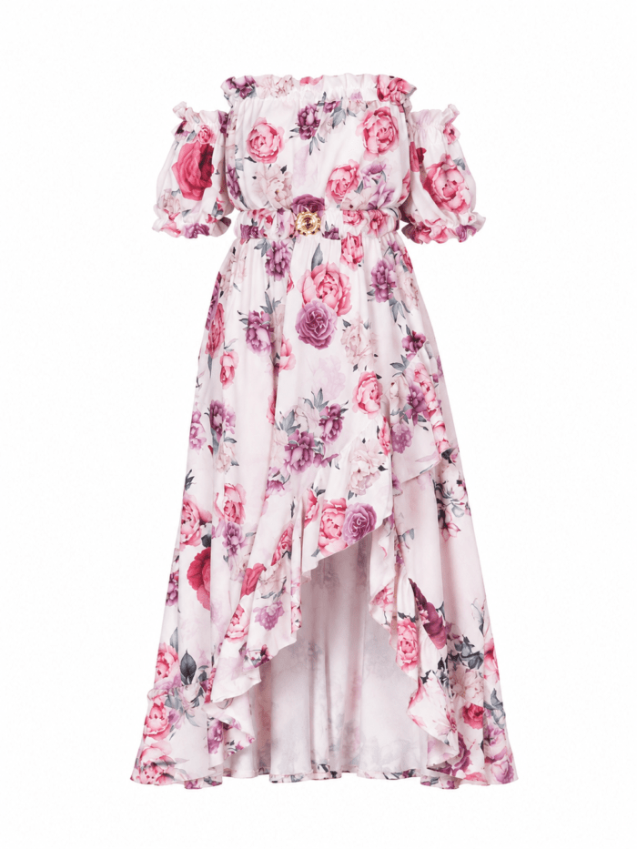 Γυναικείο Floral Maxi Φόρεμα Off Shoulder με Ασύμμετρο Βολάν | Λευκό Ροζ Φλοράλ