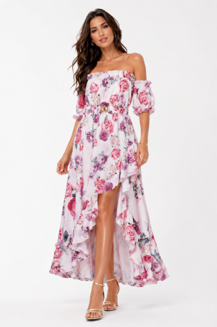Γυναικείο Floral Maxi Φόρεμα Off Shoulder με Ασύμμετρο Βολάν | Λευκό Ροζ Φλοράλ