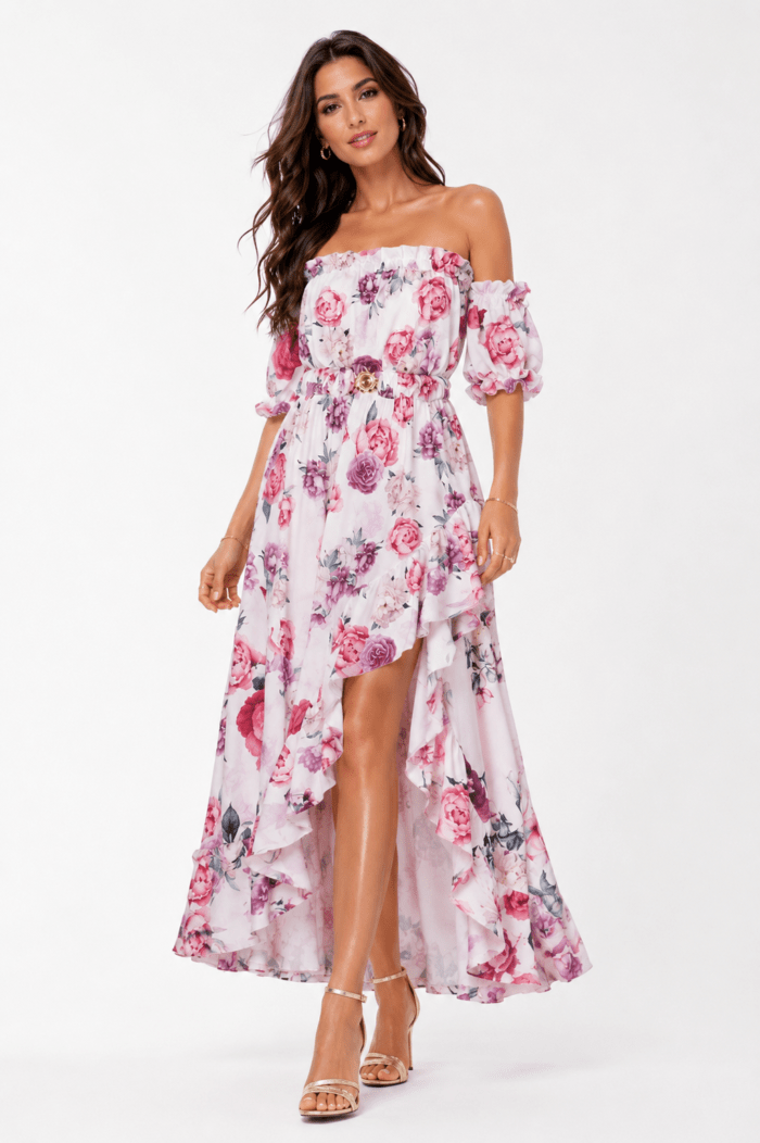 Γυναικείο Floral Maxi Φόρεμα Off Shoulder με Ασύμμετρο Βολάν | Λευκό Ροζ Φλοράλ