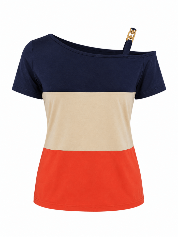 Γυναικεία Μπλούζα Color Block με Έναν Ώμο – Navy, Εκρού & Κόκκινο