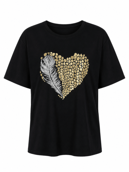 Γυναικείο T-Shirt με Καρδιά από Παγιέτες & Φτερό