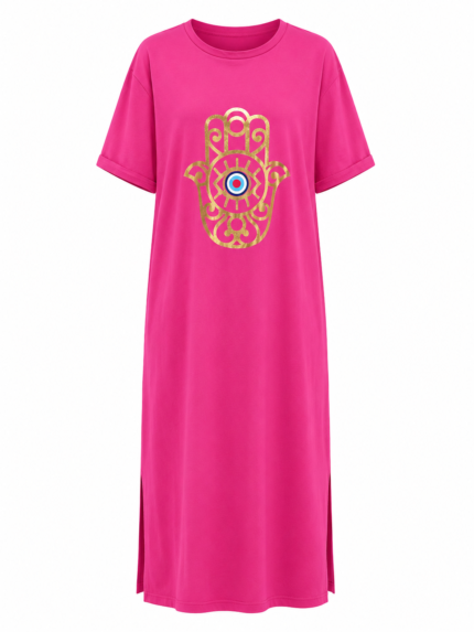 Maxi T-Shirt Φόρεμα Φούξια με Στάμπα Hamsa