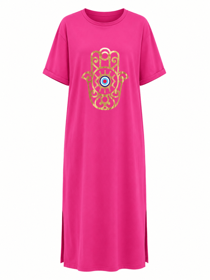 Maxi T-Shirt Φόρεμα Φούξια με Στάμπα Hamsa