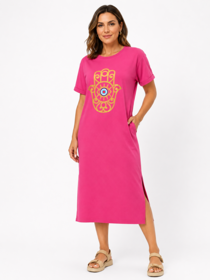 Maxi T-Shirt Φόρεμα Φούξια με Στάμπα Hamsa