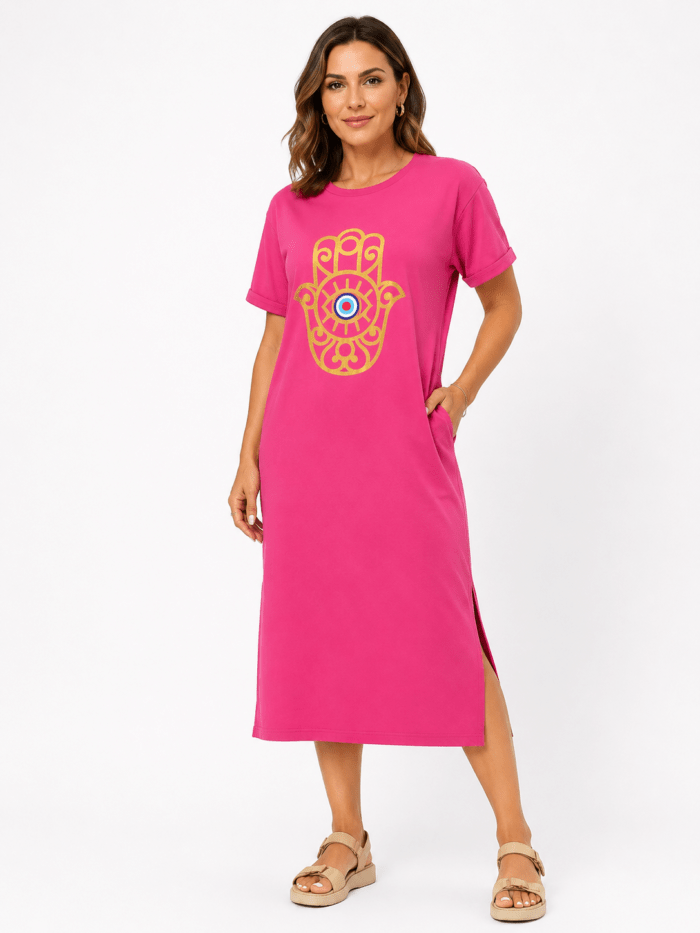 Maxi T-Shirt Φόρεμα Φούξια με Στάμπα Hamsa