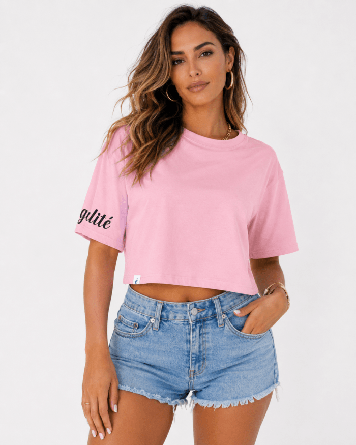Γυναικείο Crop T-Shirt Ροζ με Logo στο Μανίκι