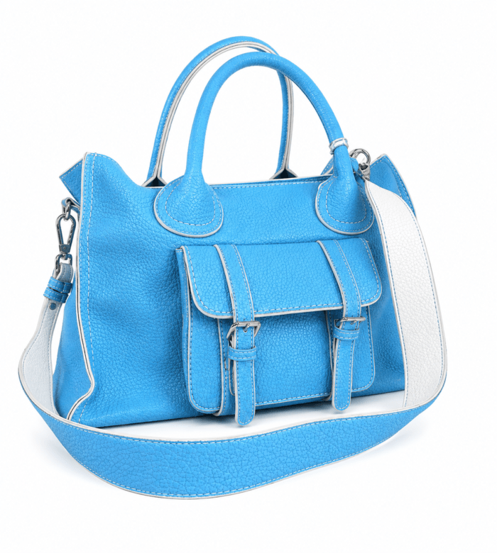 Blue Oversized Women's Handbag Γυναικεία γαλάζια oversized τσάντα χειρός και ώμου με αποσπώμενο ιμάντα, μπροστινή τσέπη και μεγάλη χωρητικότητα.