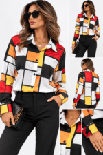 Γυναικείο Πουκάμισο Color Block με Γεωμετρικό Σχέδιο σε Κόκκινο, Μαύρο, Λευκό & Κίτρινο