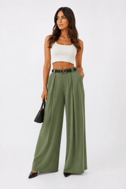 Γυναικεία Χακί Παντελόνα με Ζώνη | Ψηλόμεση Casual Elegant