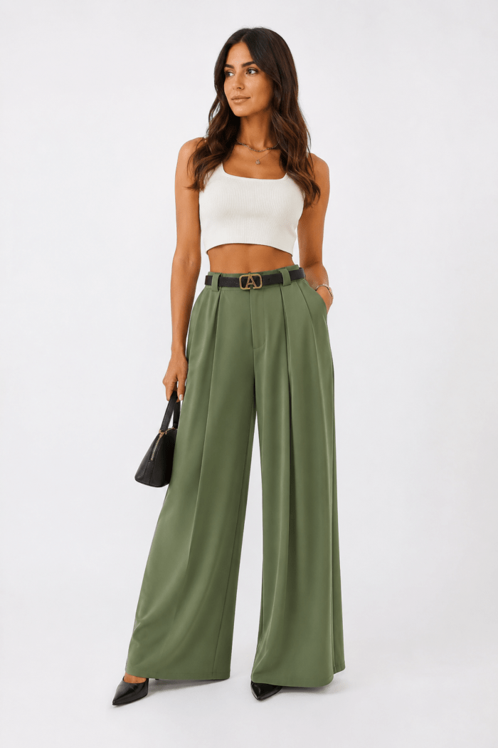 Γυναικεία Χακί Παντελόνα με Ζώνη | Ψηλόμεση Casual Elegant