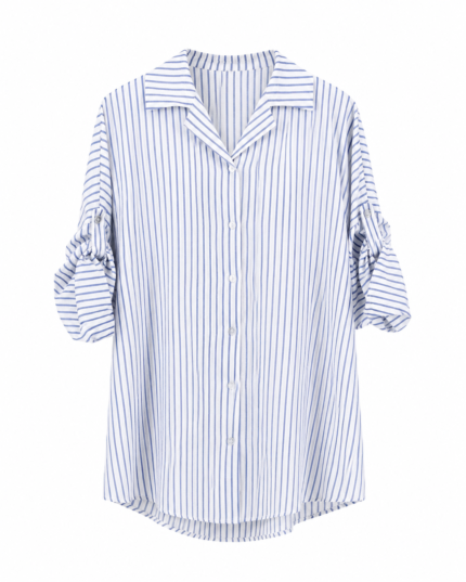 Γυναικεία Ριγέ Oversized Πουκαμίσα με Γυριστό Μανίκι – Γαλάζιο & Λευκό