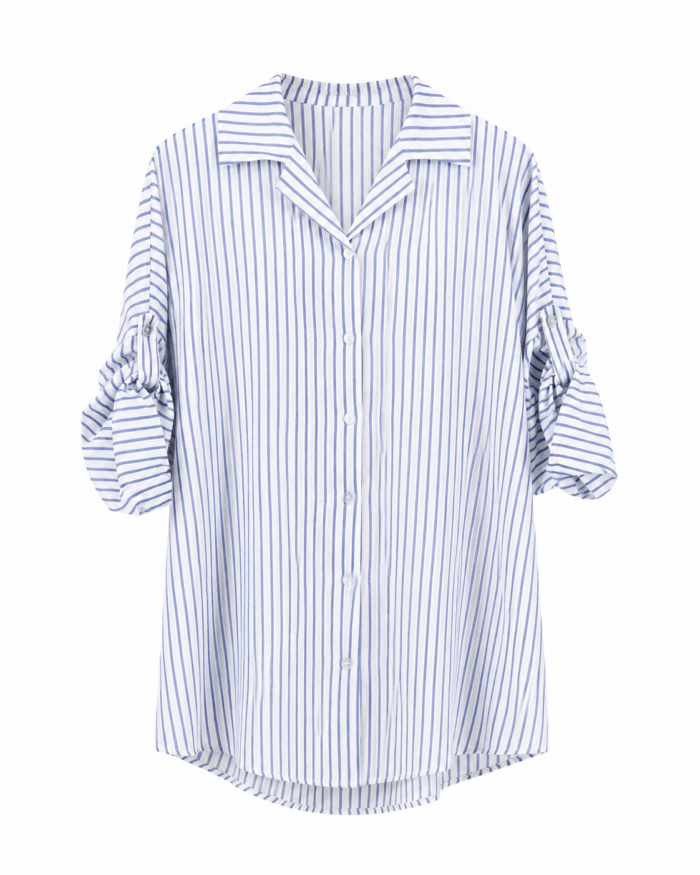 Γυναικεία Ριγέ Oversized Πουκαμίσα με Γυριστό Μανίκι – Γαλάζιο & Λευκό