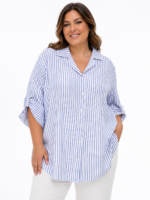 Γυναικεία Ριγέ Oversized Πουκαμίσα με Γυριστό Μανίκι – Γαλάζιο & Λευκό