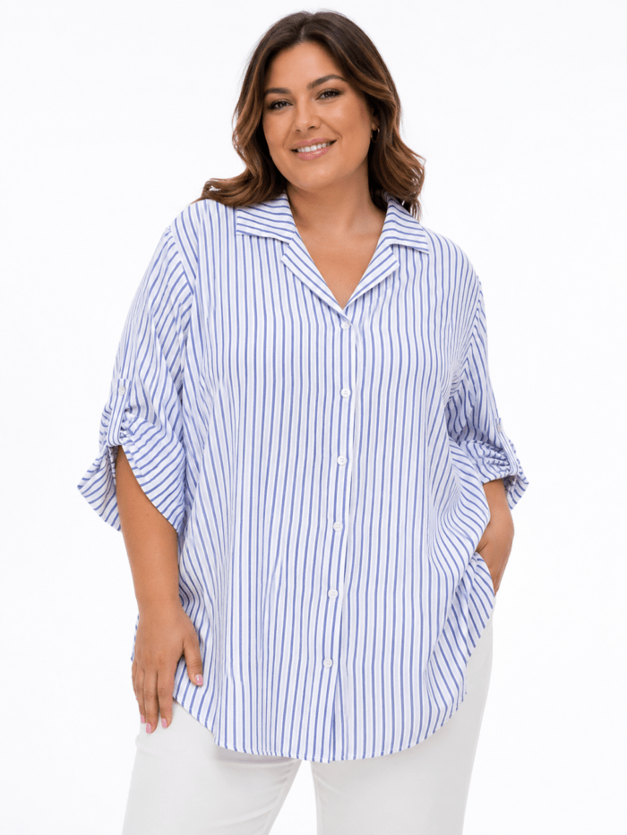 Γυναικεία Ριγέ Oversized Πουκαμίσα με Γυριστό Μανίκι – Γαλάζιο & Λευκό