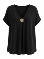 Plus Size Oversized Μπλούζα με V Λαιμόκοψη & Διακοσμητικό