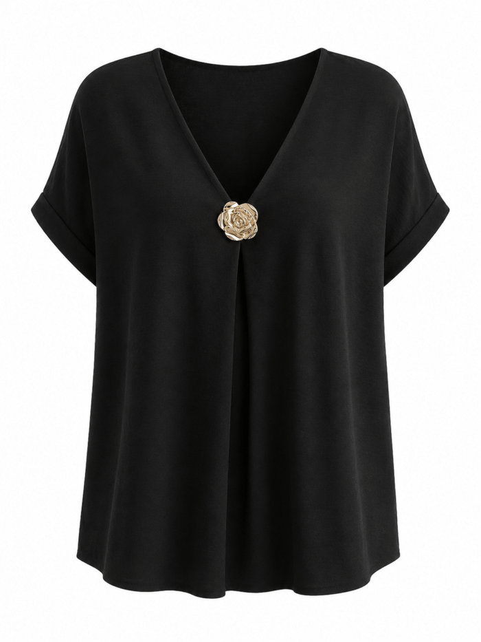 Plus Size Oversized Μπλούζα με V Λαιμόκοψη & Διακοσμητικό