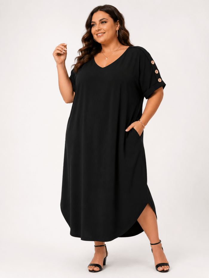 Oversized Μάξι Φόρεμα με V Λαιμόκοψη μαυρο