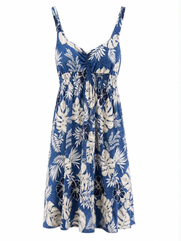 Γυναικείο Μπλε Mini Φόρεμα με Tropical Print και V Λαιμόκοψη