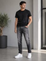 Ανδρικό Γκρι Τζιν Παντελόνι Slim Regular Fit με washed denim λεπτομέρειες