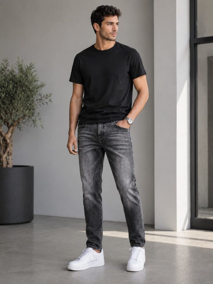 Ανδρικό Γκρι Τζιν Παντελόνι Slim Regular Fit με washed denim λεπτομέρειες