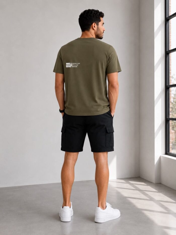 Λαδί Ανδρικό T-Shirt Freedom Print Premium με διακριτικό τύπωμα Freedom στην πλάτη.