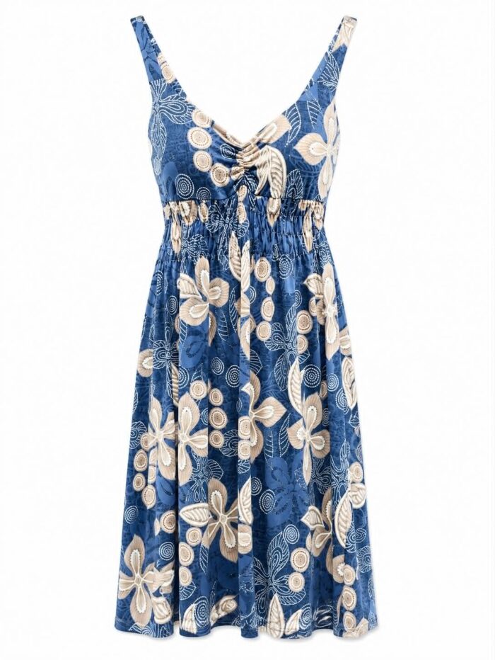 fc5af1a8-6847-4ed7-a6d9-9cef66de36f2 Γυναικείο Μπλε Midi Φόρεμα με Floral Print και V Λαιμόκοψη