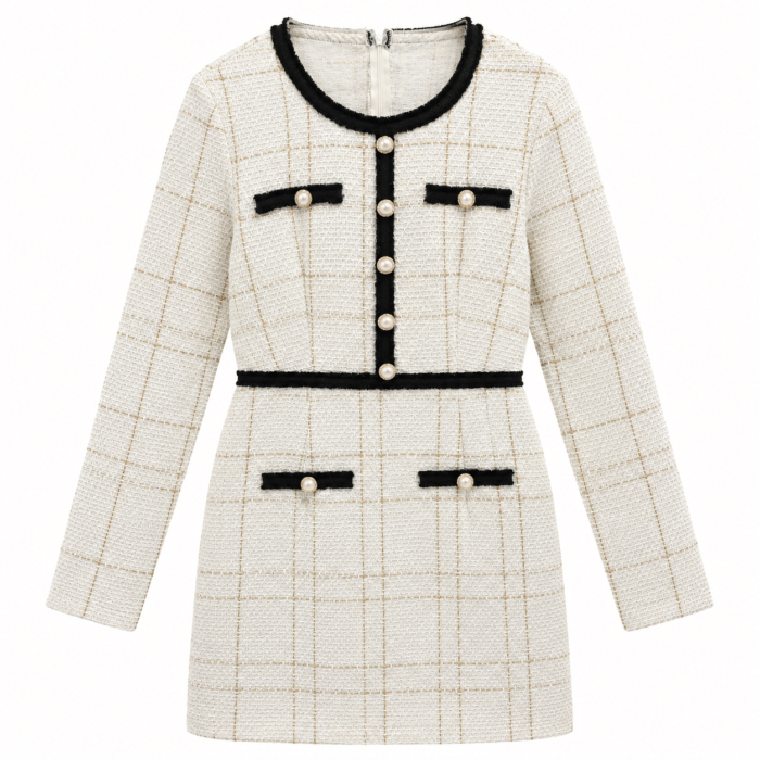 a884c1b6-4fe9-473f-83da-1747f03e9268 γυναικείο εκρού tweed φόρεμα με μαύρες λεπτομέρειες και πέρλες