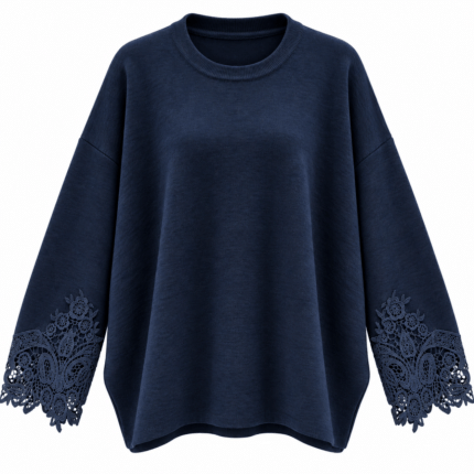 Γυναικεία Μπλούζα Oversized με Δαντέλα στα Μανίκια – Σκούρο Μπλε