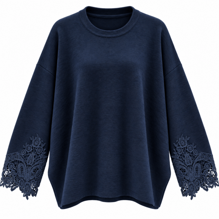 Γυναικεία Μπλούζα Oversized με Δαντέλα στα Μανίκια – Σκούρο Μπλε